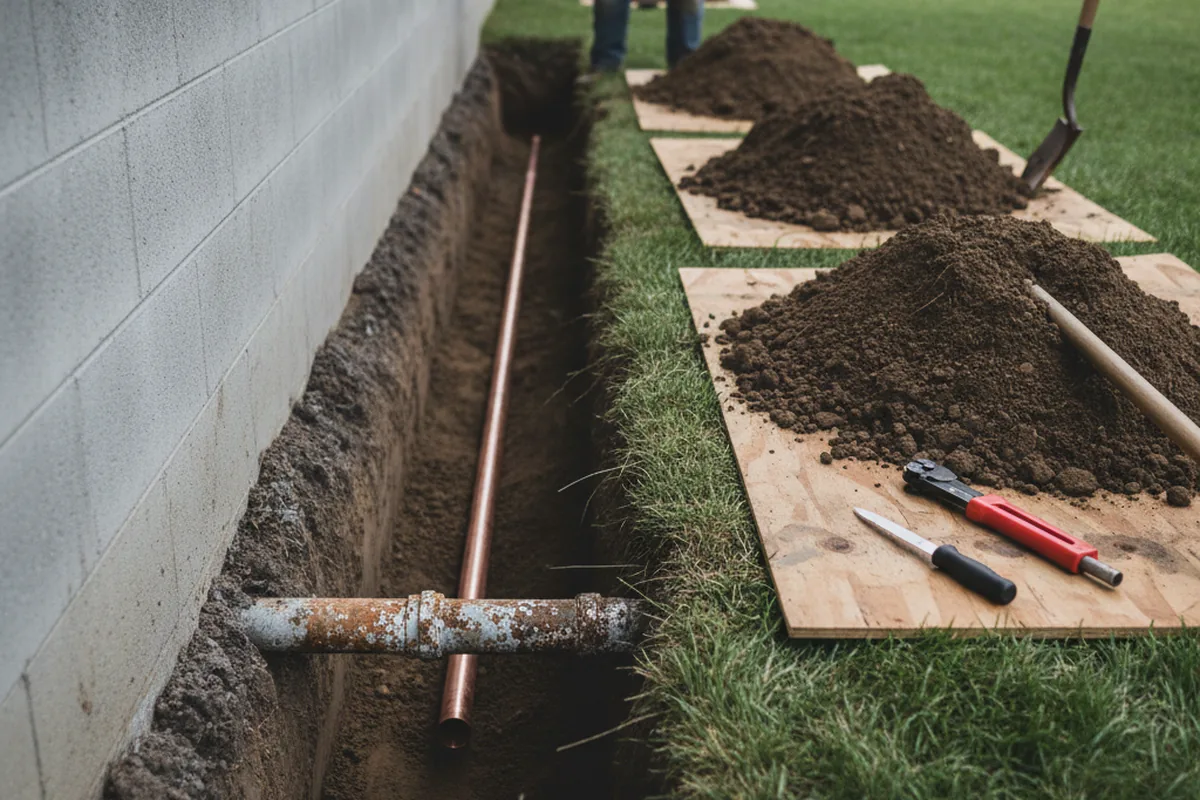 Excavated water line trench during Water Heater Repair in Rosewood